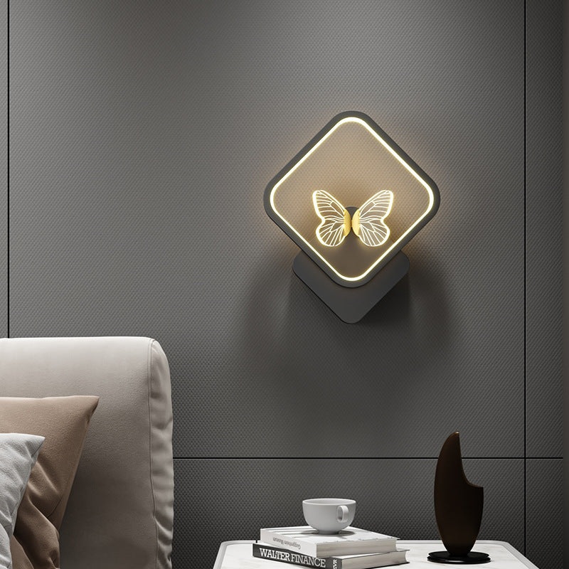Contemporary Creative Enamel Iron Round Square Frame Butterfly LED Wall Sconce Lamp For Bedroom