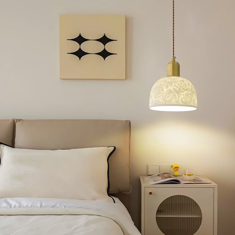 Contemporary Nordic Rose Pattern Ceramic Shade Brass 1-Light Pendant Light For Living Room