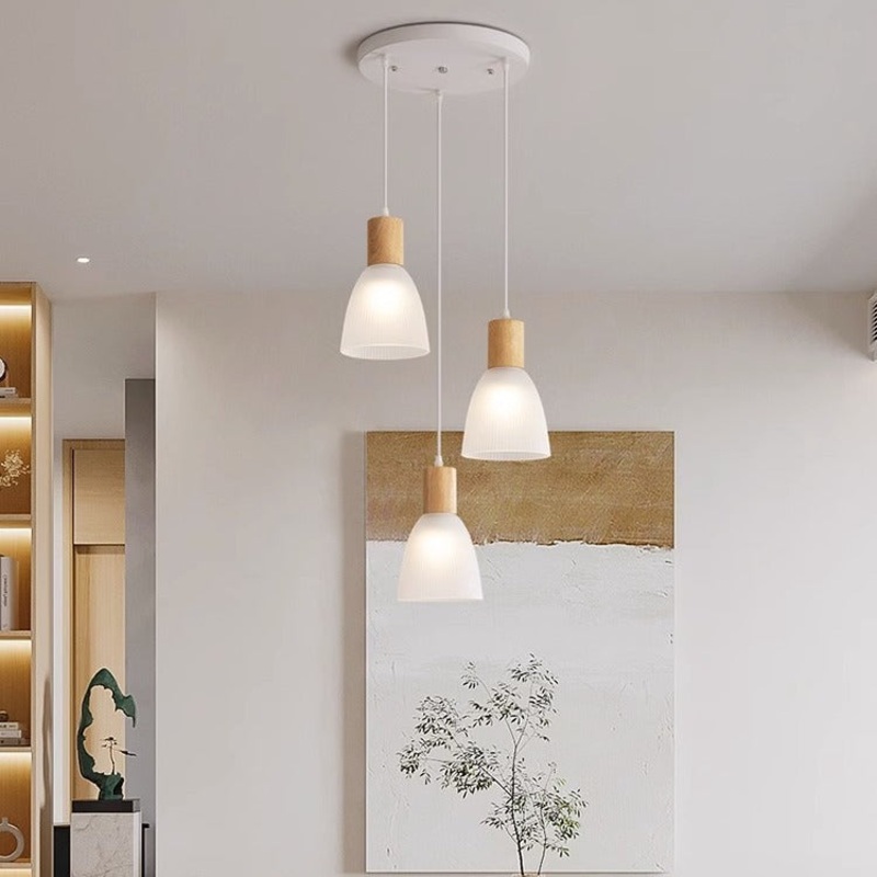 Contemporary Nordic Round Dome Wood Base Glass Shade 3-Light Chandeliers For Dining Room