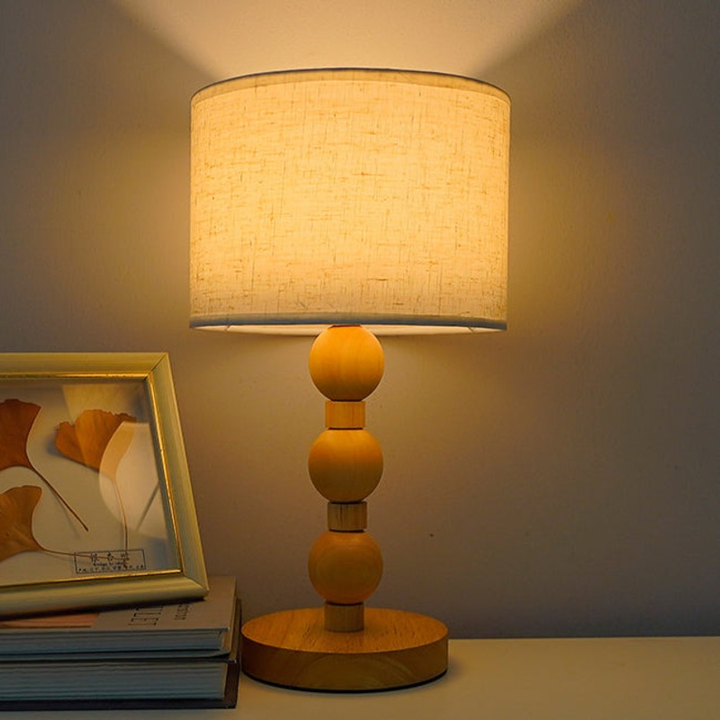 Contemporary Retro USB Cylinder Fabric Shade Wood Bead Base LED Table Lamp For Bedroom
