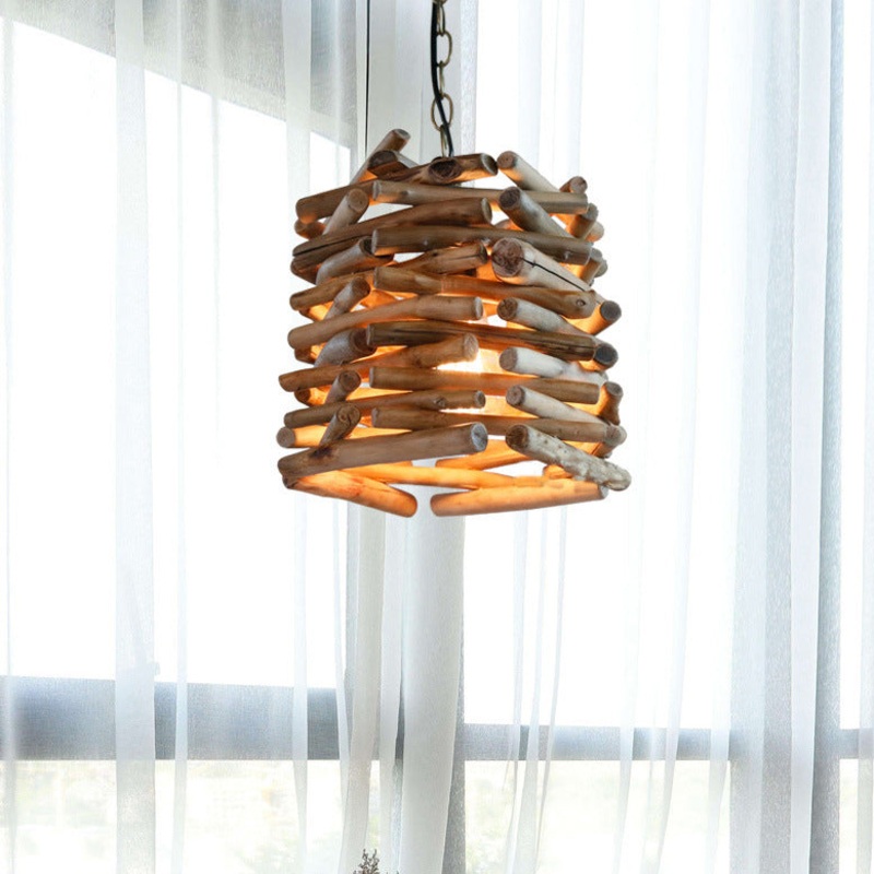 Traditional Rustic Wooden Stick Cone Cylinder Wood 1-Light Pendant Light For Dining Room