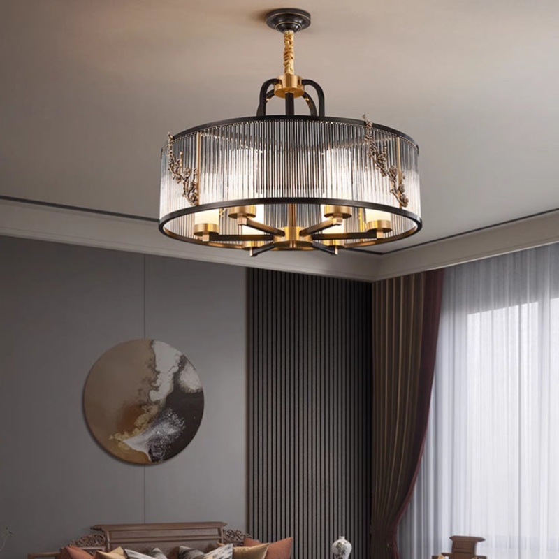 Traditional Vintage Round Rectangle Copper Glass 5/6 Light Chandelier For Living Room