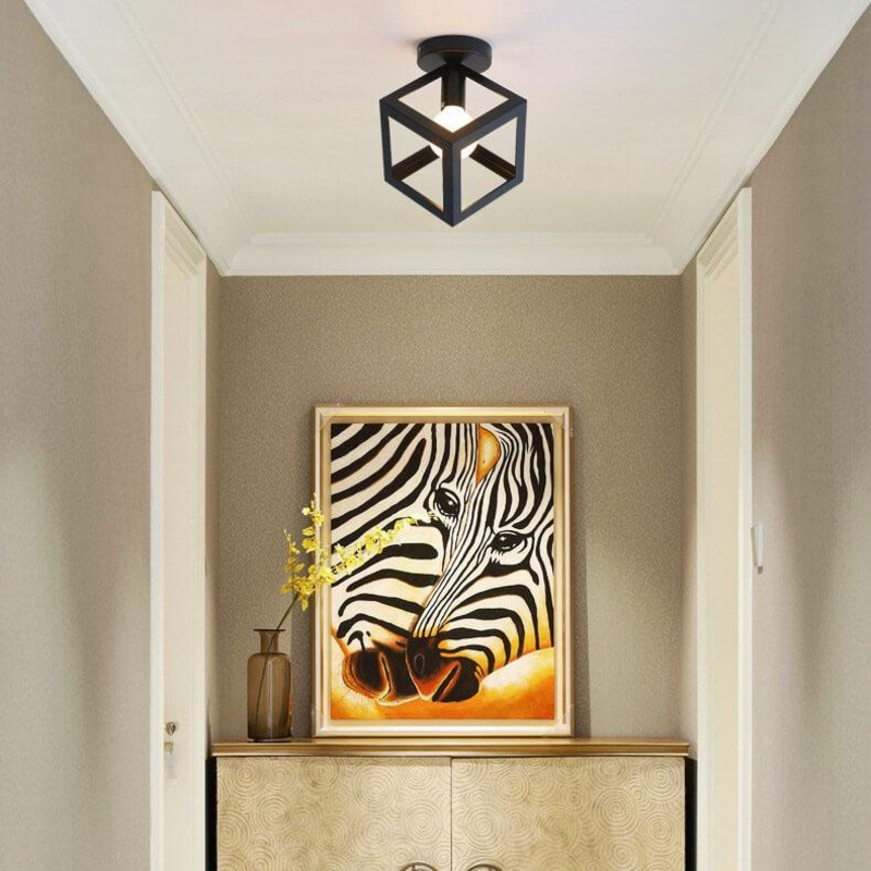 Wrought Iron 1-Light Square Shade Semi-Flush Mount Lighting
