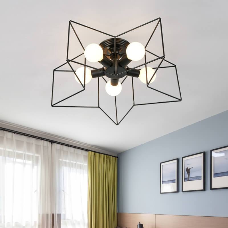 Wrought Iron 5-Light Pentagram Shaped Semi-Flush Mount Lighting
