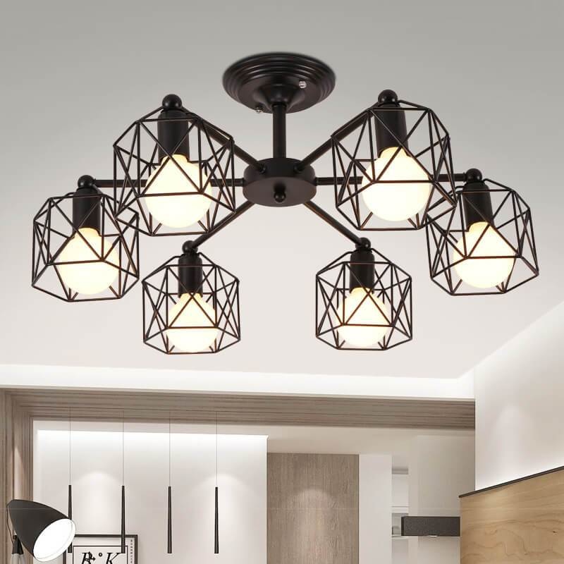Wrought Iron 6-Light Geometric Lampshade Chandeliers
