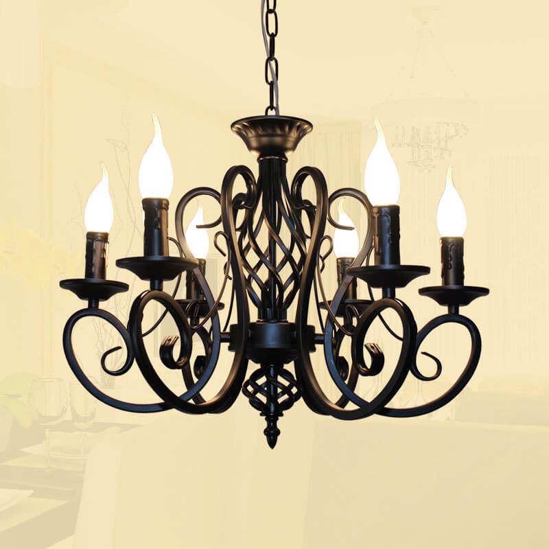 European Wrought Iron 6/8-Light Candle Chain Hanging Chandeliers