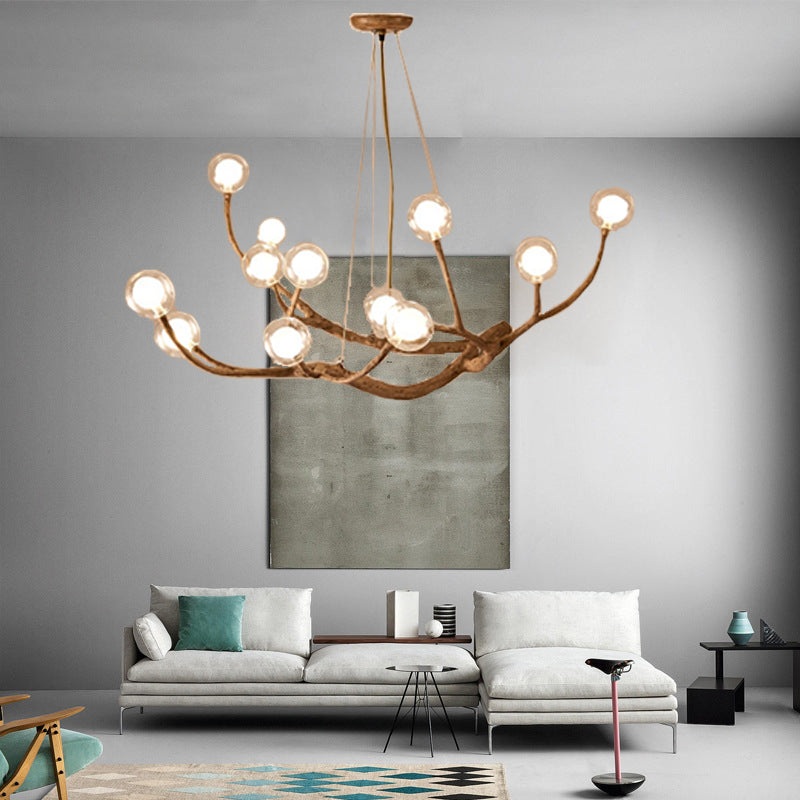 Modern Glass Globe 8/12/16/20-Light Wood Branching Chandeliers For Living Room