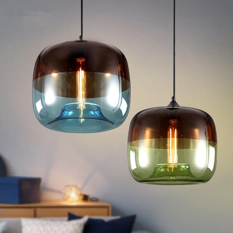 Retro Colorful Glass 1-Light Drum Pendant Light