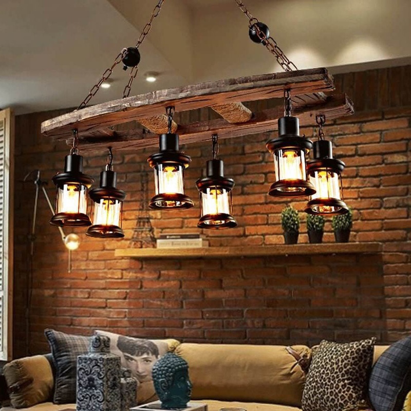 Retro Wooden 6-Light Lantern Chandeliers