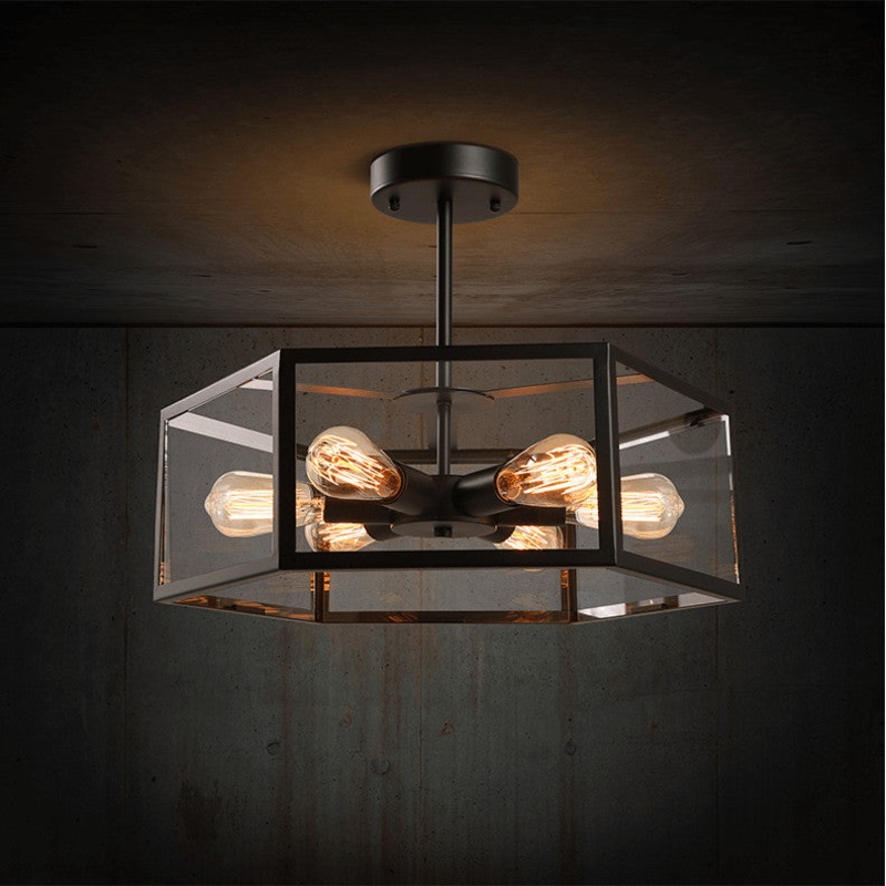 Vintage 6-Light Hexagon Semi-Flush Mount Lighting