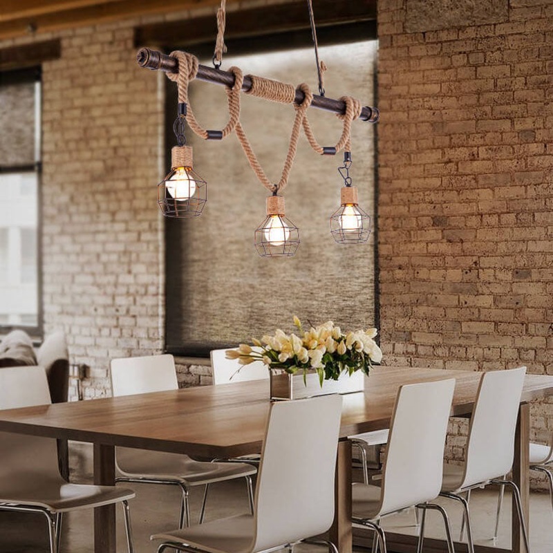 Vintage Hemp Rope 3-Light Cage Shade Chandeliers
