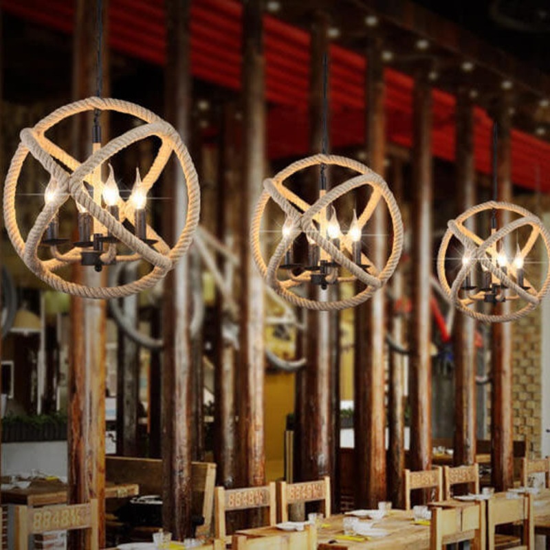 Industrial Hemp Rope Ball 3-Light Candles Chandeliers