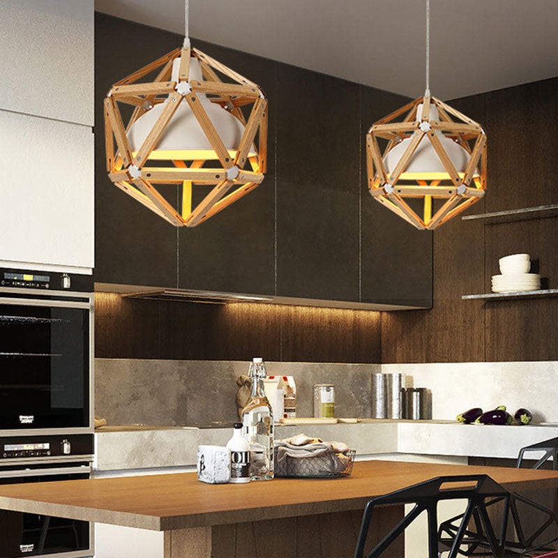 Industrial Simple Wooden 1-Light Rhombus Pendant Light