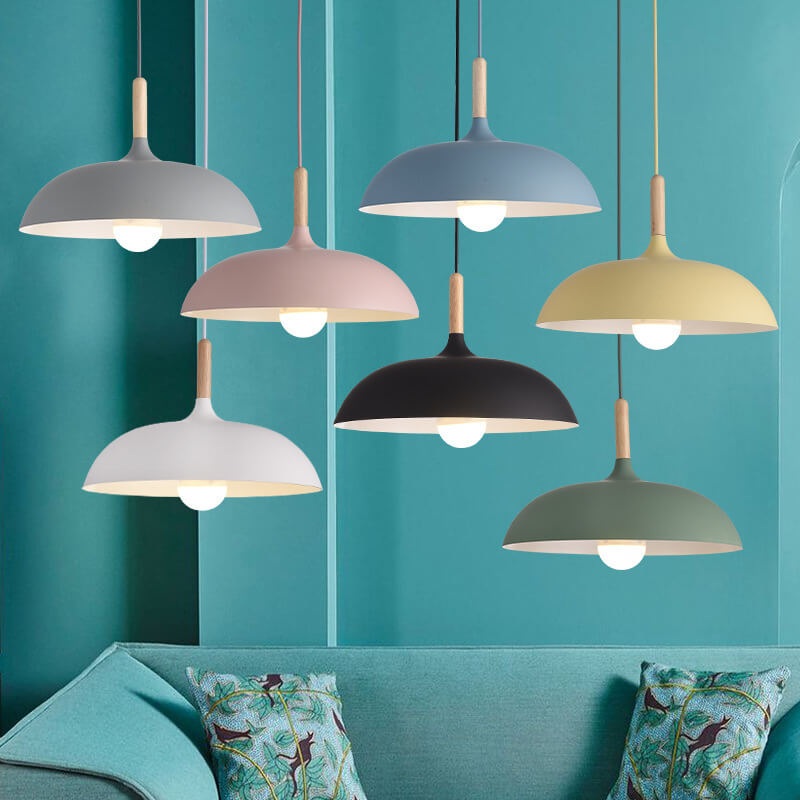 Modern Metal Wooden Top 1-Light Dome Pendant Light