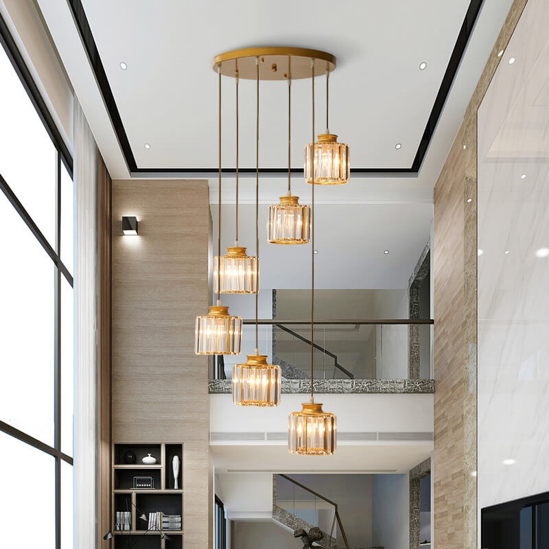Modern Prismatic Crystal Cylindrical 6-Light Stairway Chandeliers