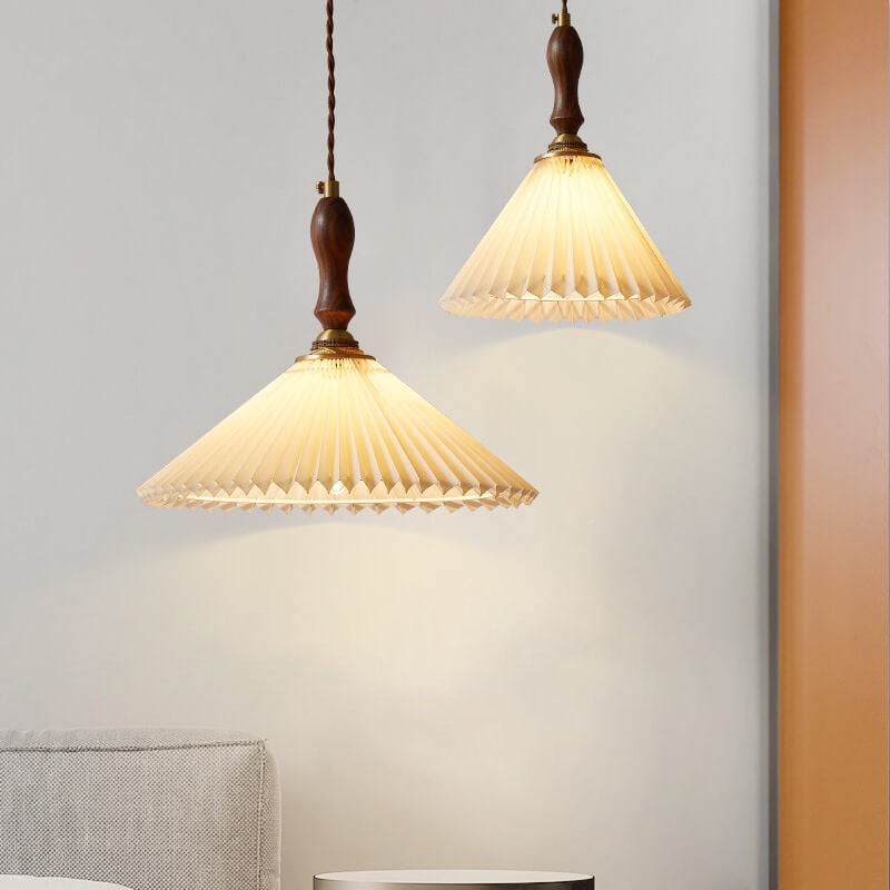 Vintage 1-Light Pleated Fabric Conical Pendant Light
