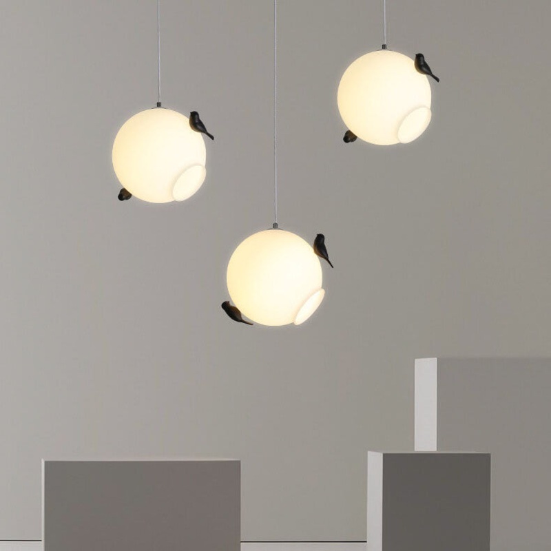 Modern Glass Ball with Standing Birds 1-Light Pendant Light