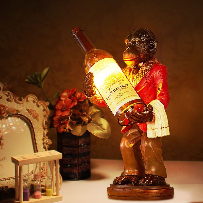 Retro Creative Monkey Resin Wine Bottle 1-Light Decoration Table Lamp