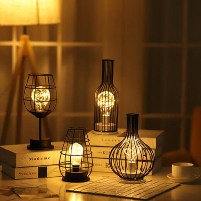 Retro Wrought Iron Wine Bottle Night Light Table Lamp