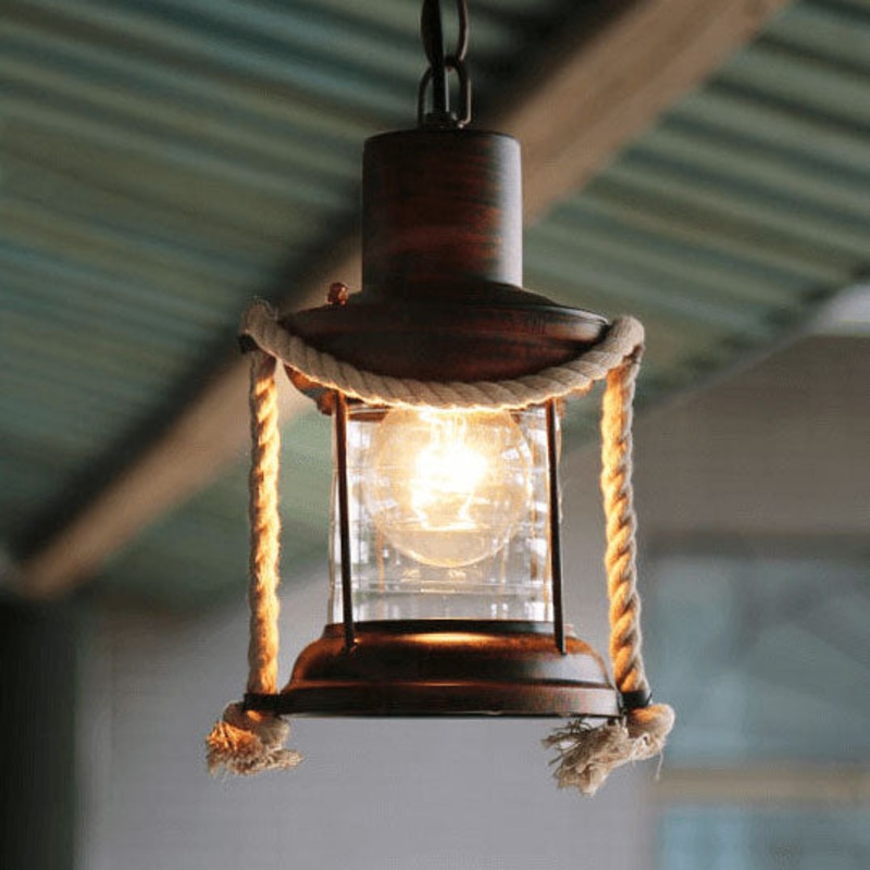Vintage Hemp Rope Lantern Oil Lamp Iron Pendant Light