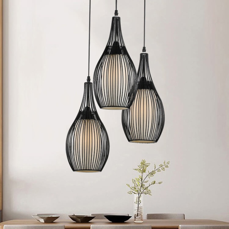 Vintage Iron Black Teardrop Shaped Hanging 3-Light Chandeliers