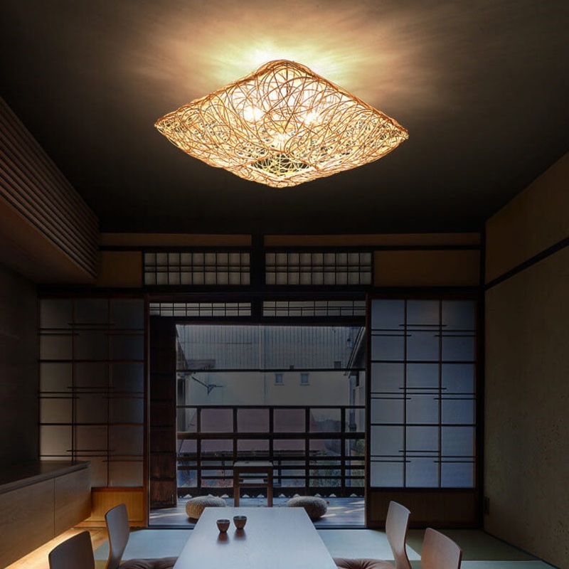 Modern Rattan Weaving Nest Square Shape 3-Light Flush Mount Ceiling Light