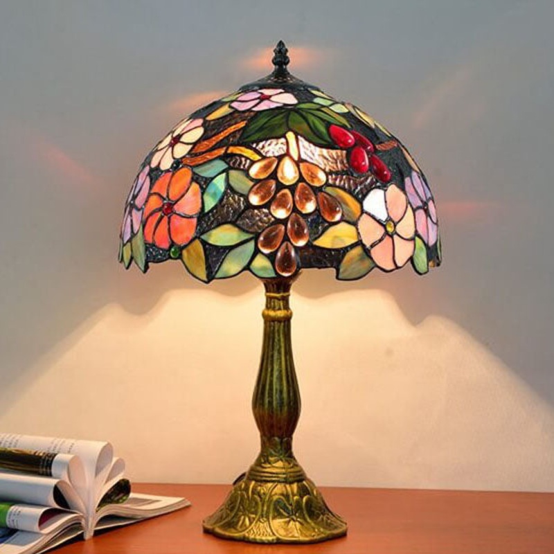 Tiffany Stained Glass Grape Flower 1-Light Table Lamp