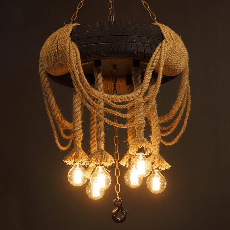 Vintage Industrial Hemp Rope Black Tire 6-Light Chandelier