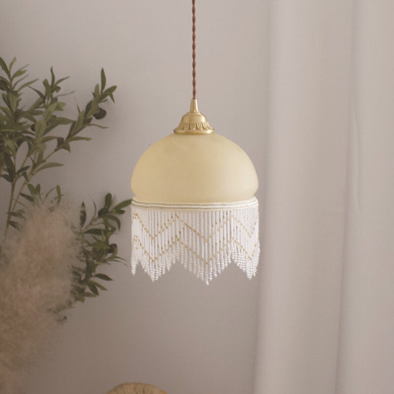 Vintage Milky Yellow Glass Tassel 1-Light Pendant Light