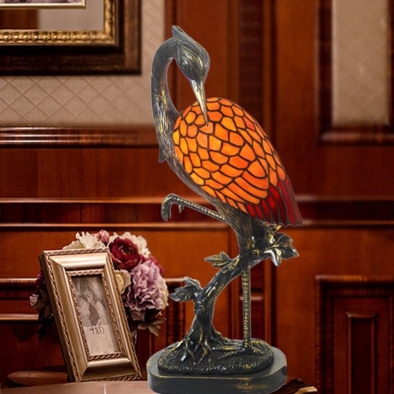 Vintage Tiffany Crane 1-Light Stained Glass Table Lamp