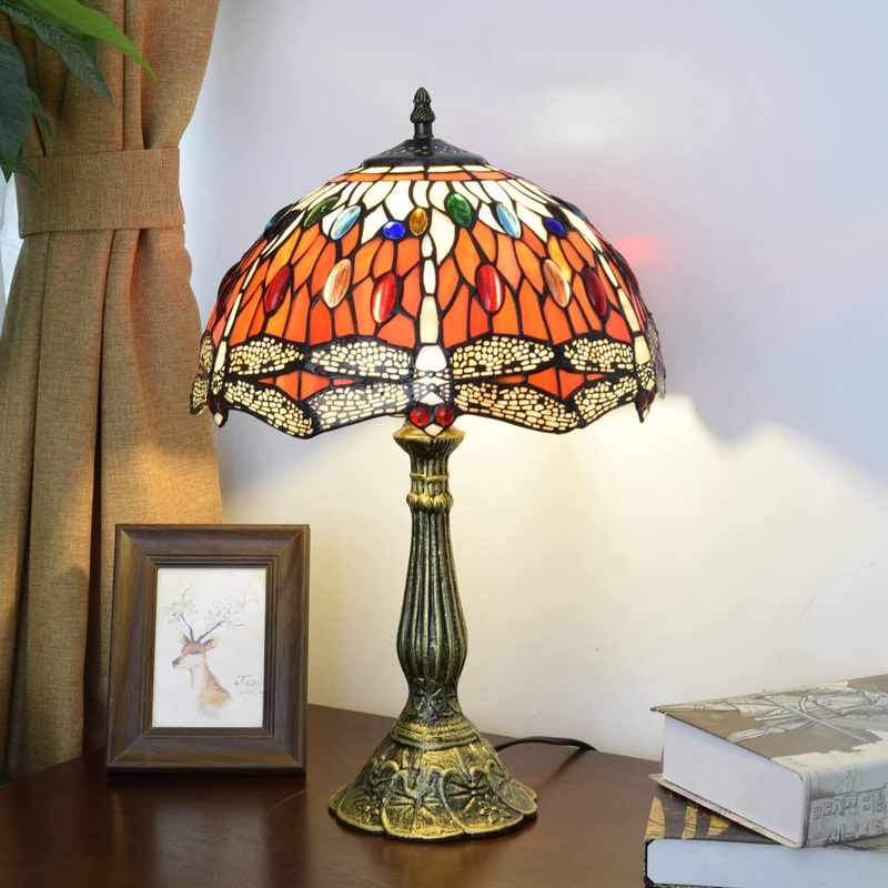 Vintage Tiffany Red Dragonfly Stained Glass 1-Light Table Lamp
