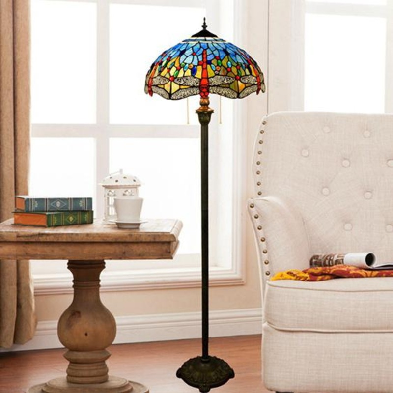 Vintage Tiffany Stained Glass Blue dragonfly 2-Light Standing Floor Lamp