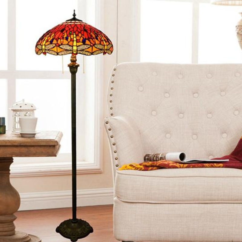 Vintage Tiffany Stained Glass Red Dragonfly 2-Light Standing Floor Lamp