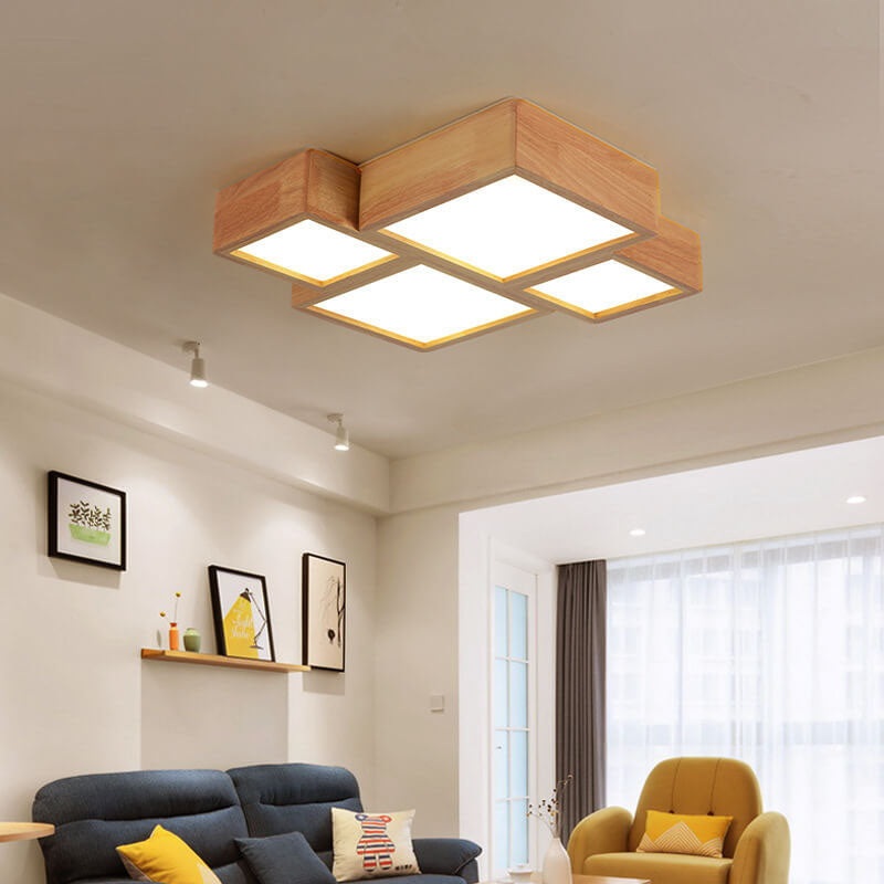 Nordic Solid Wood Square LED Flush Mount Ceiling Light