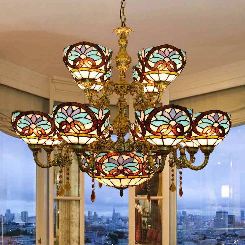 European Style Tiffany Love Baroque Stained Glass 15-Light Chandelier