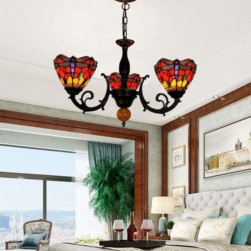European Tiffany Red Dragonfly Stained Glass 3-Light Chandelier