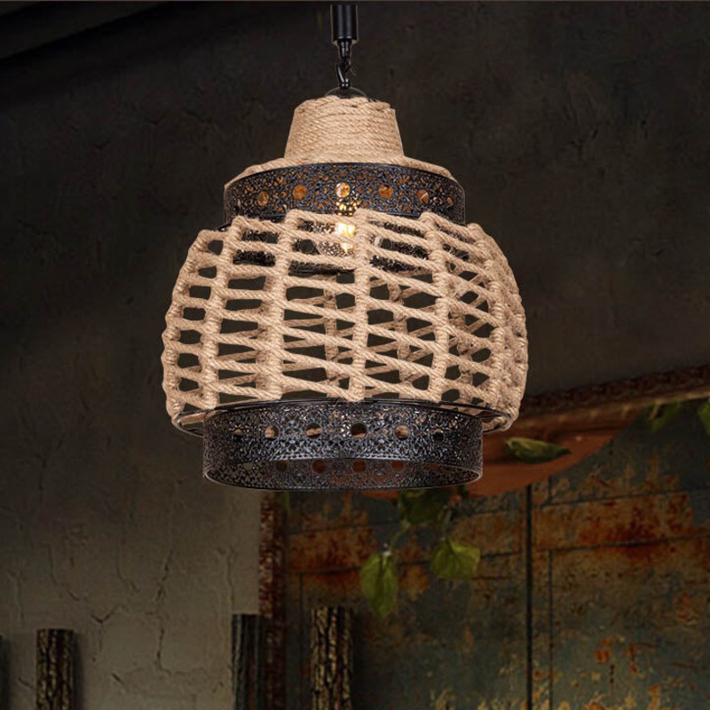 Industrial Hemp Rope Weaving Round 1-Light Pendant Light