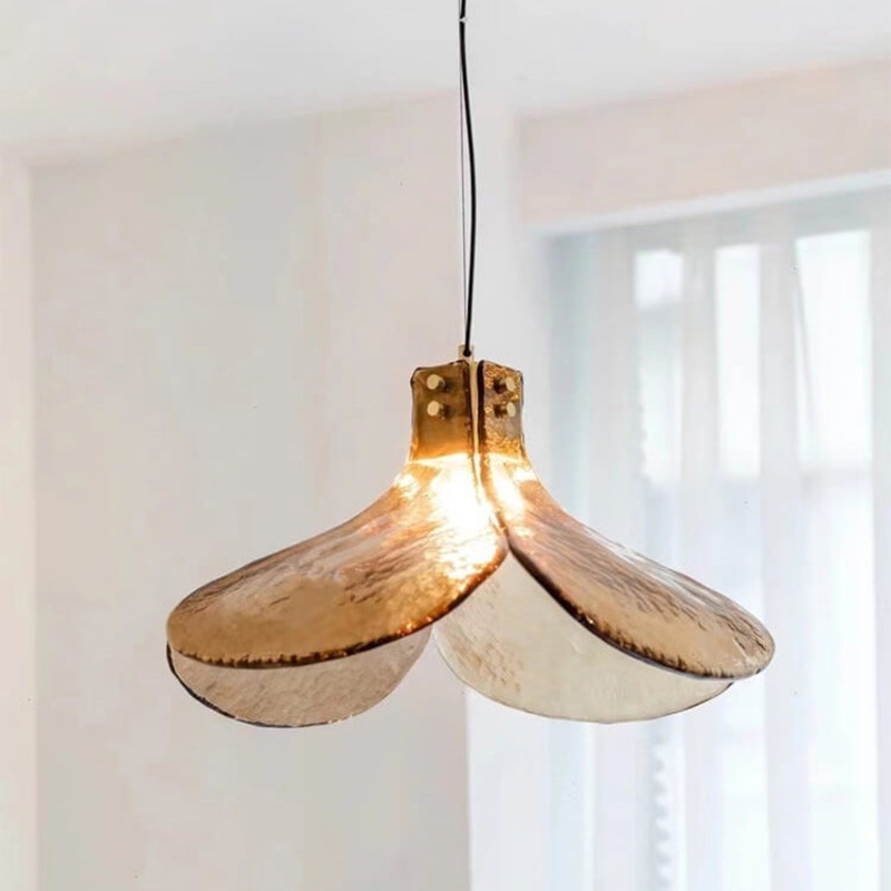 Vintage Amber Glass Floral Brass 1-Light Pendant Light