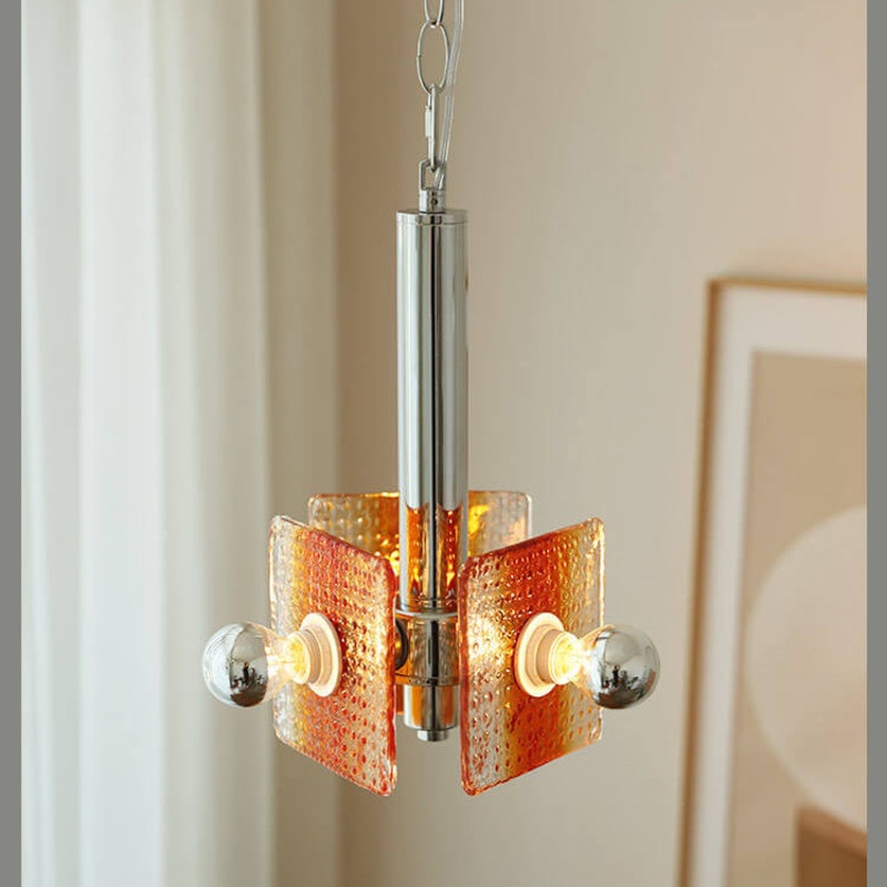 Vintage Caramel Glass Iron Square 3-Light Chandelier