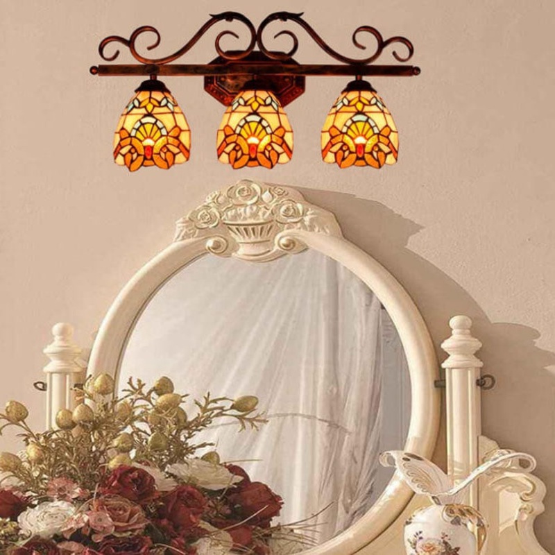Vintage Tiffany Baroque Stained Glass 3-Light Wall Sconce Lamp