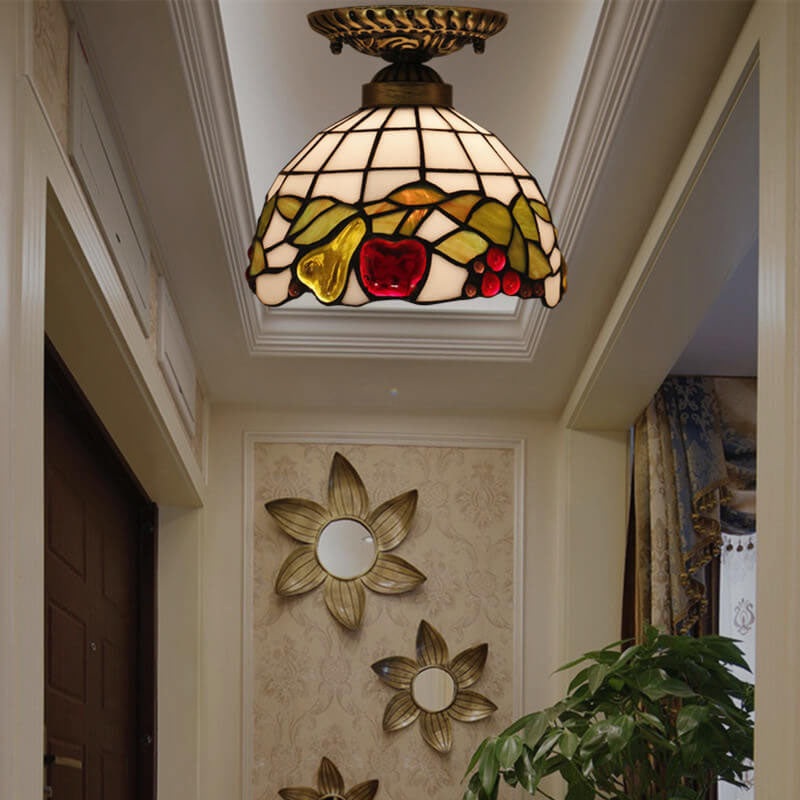 Vintage Tiffany Fruit Stained Glass 1-Light Semi-Flush Mount Ceiling Light