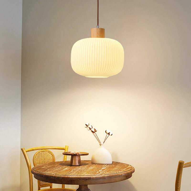 Vintage Wooden White Glass Round 1-Light Pendant Light