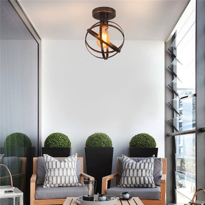 Vintage Wrought Iron Spherical  Cage 1-Light Semi-Flush Mount Ceiling Light