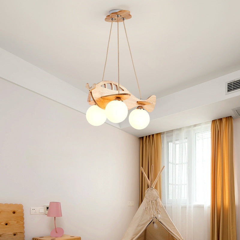 Contemporary Creative Kids Cartoon Airplane Orb Wood Iron Glass 3-Light Chandelier For Bedroom