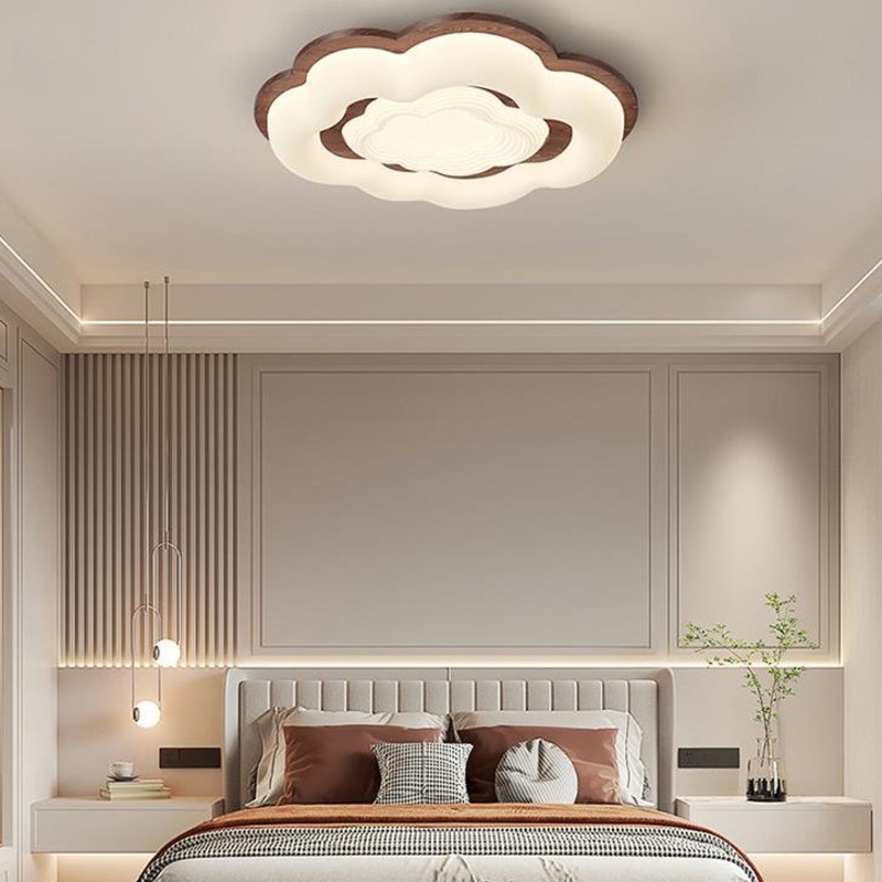 Contemporary Retro Cloud Shape Rubber Wood PE Lampshade LED Flush Mount Ceiling Light For Bedroom