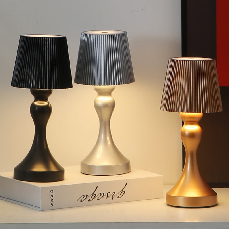 Contemporary Retro Rechargeable Iron ABS Striped Column LED Table Lamp Night Light For Bedside