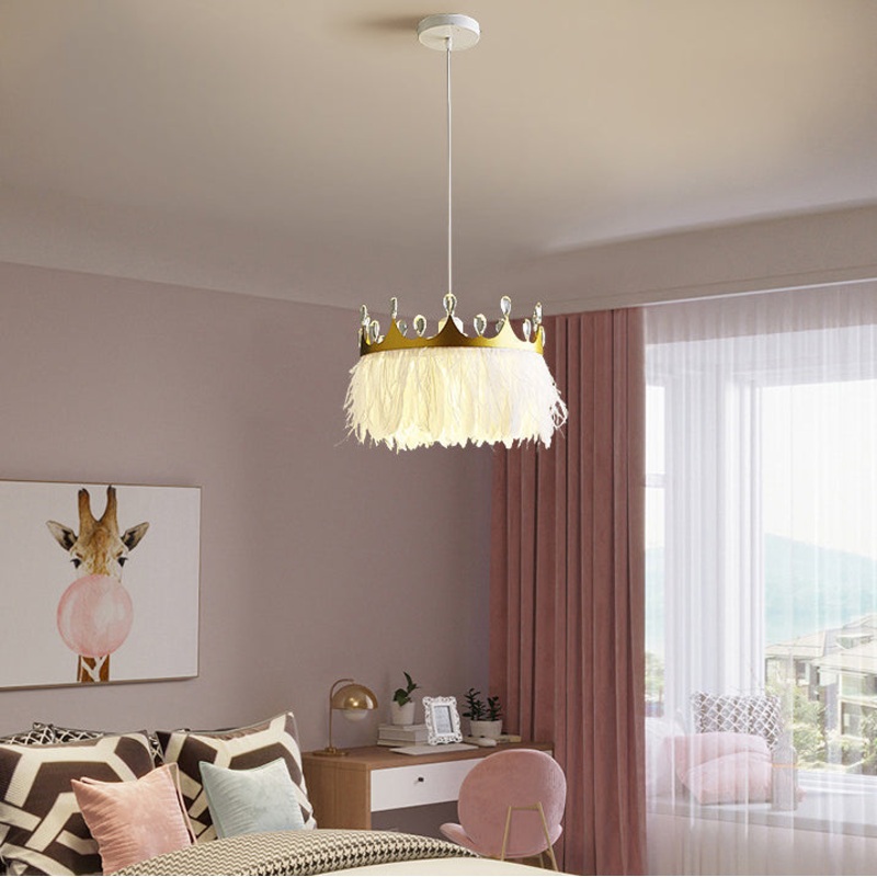 Modern Luxury Crown Shape Round Feather Crystal Iron 1-Light Chandelier For Living Room