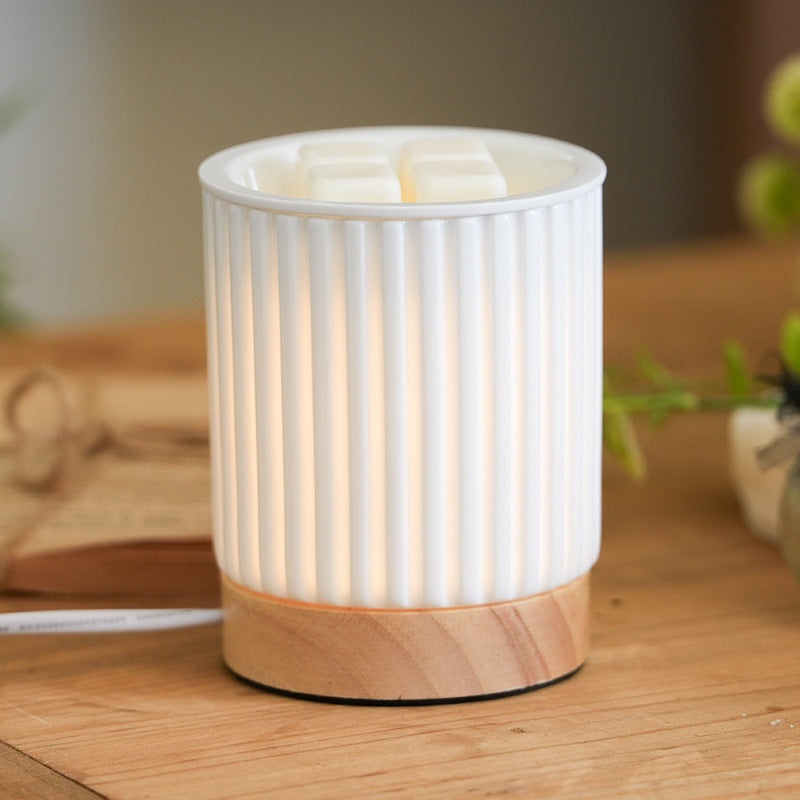 Modern Simplicity Ceramic Wood Cylinder Striped 1-Light Melting Wax Table Lamp Night Light For Bedside
