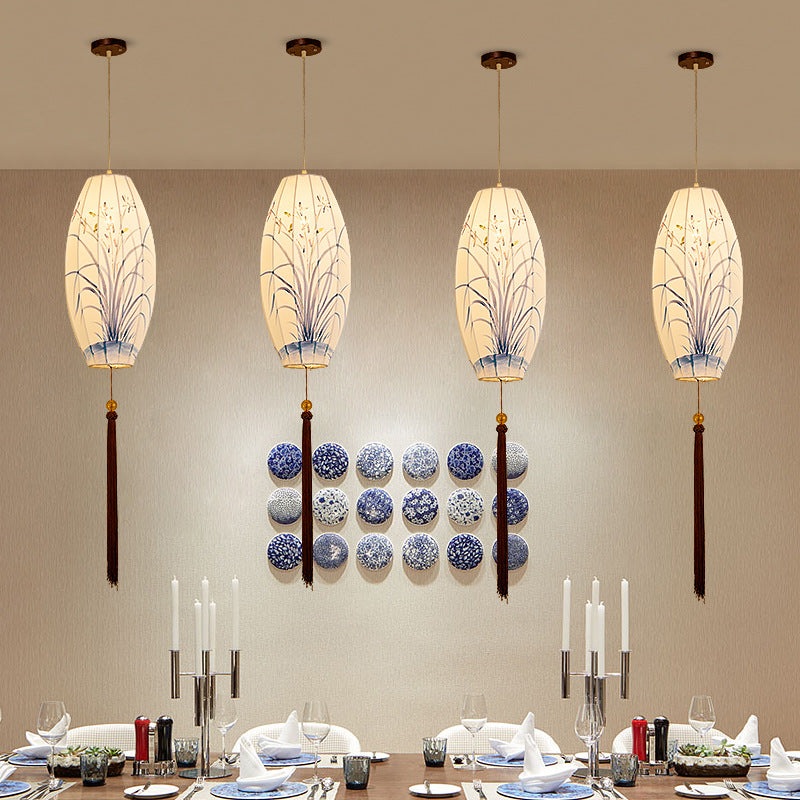 Traditional Chinese Long Oval Lantern Fabric Cover Hardware Frame 1-Light Pendant Light For Dining Room