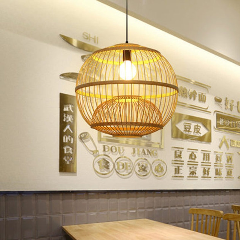 Traditional Chinese Round Line Bamboo 1-Light Pendant Light For Dining Room
